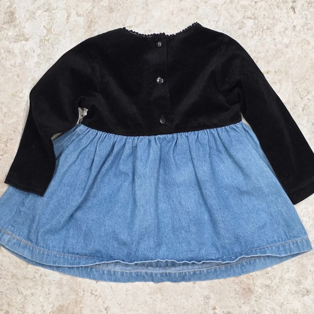 Vintage Disney Winnie the Pooh Black Velour Denim Skirt Dress 18M Long Sleeve